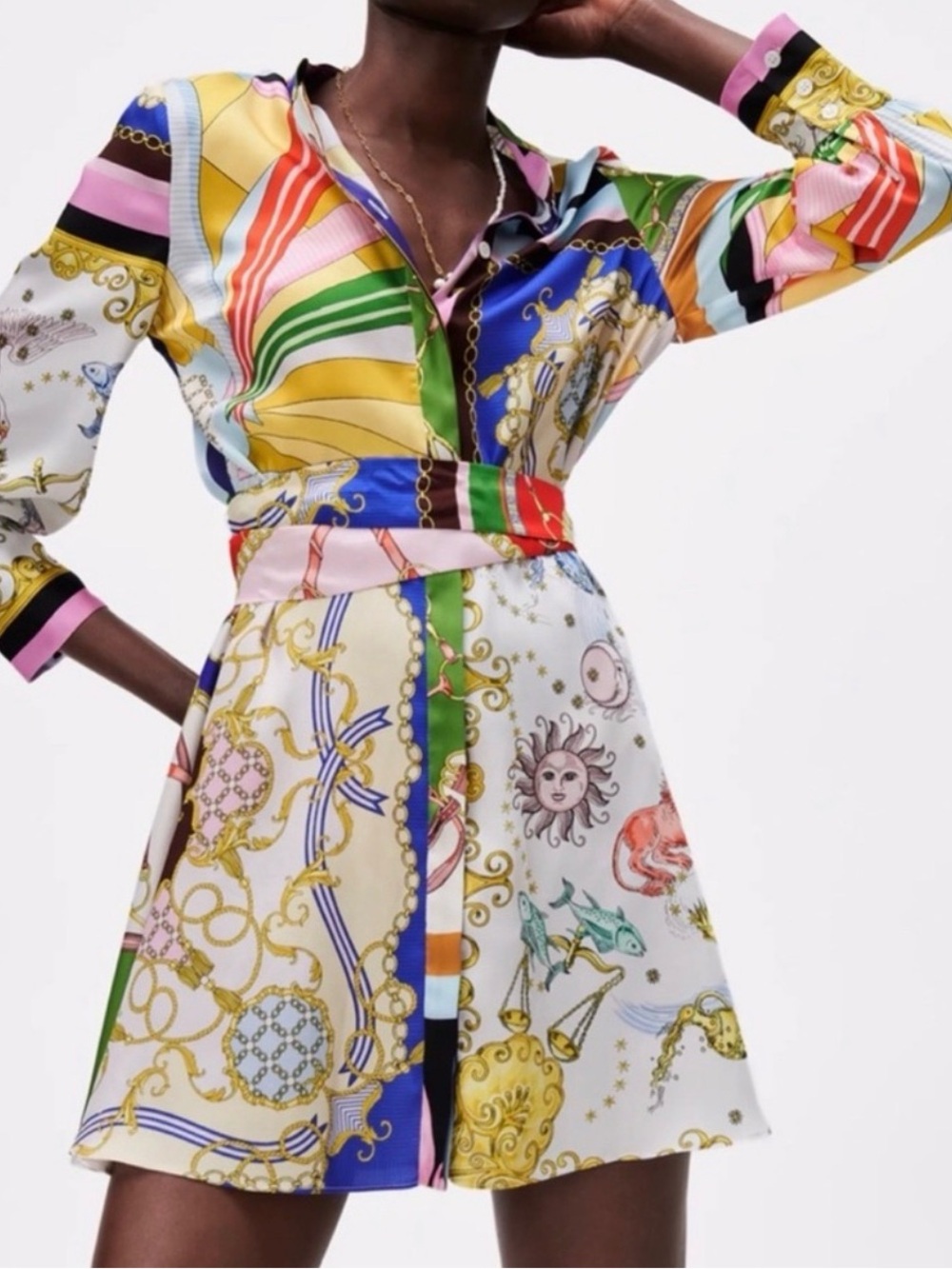 Zara Multicolor Printed Satin Shirt Dress size XS
